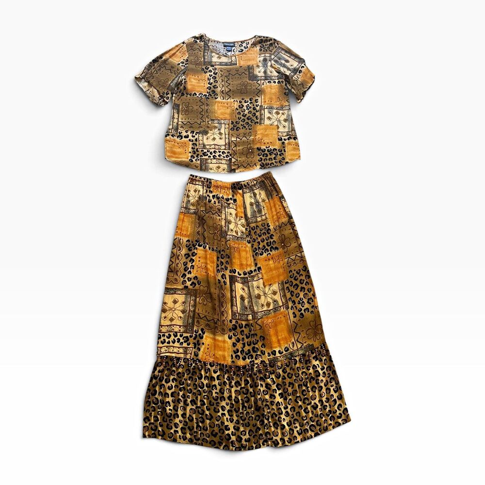 Vintage Safari Leopard 2 Piece Set Medium Top & Skirt Boho Maximalist Festival